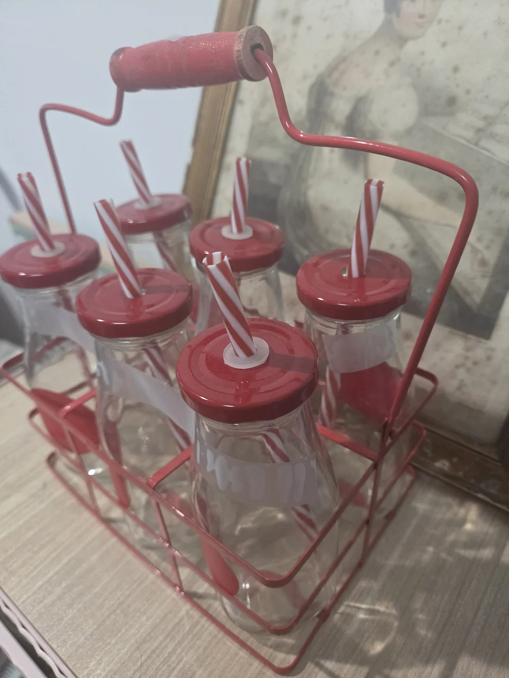 PIER 1 VINTAGE JULY 4TH Set of 6 Glasses with Red Striped Straws and Carrier